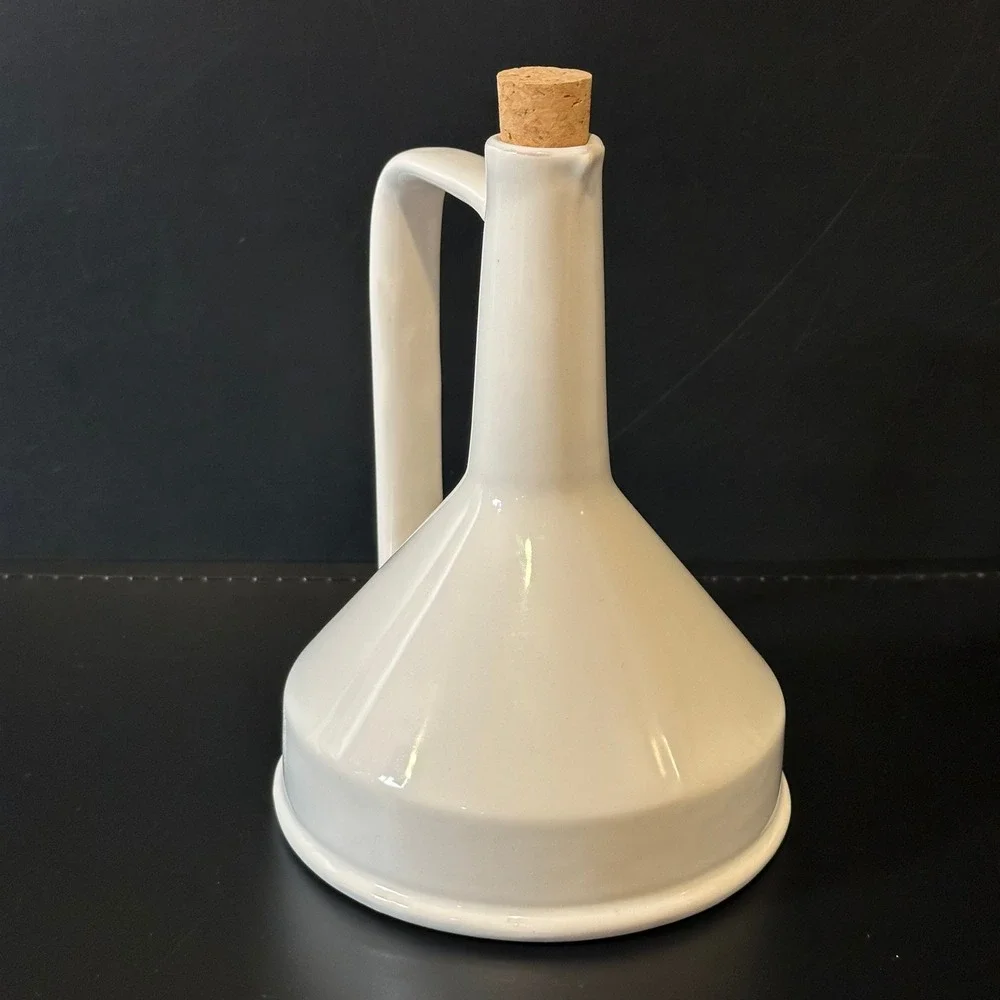 Anthropologie White Ceramic Oil Vinegar Cruet Made in Italy Funnel Bottle Cork‎